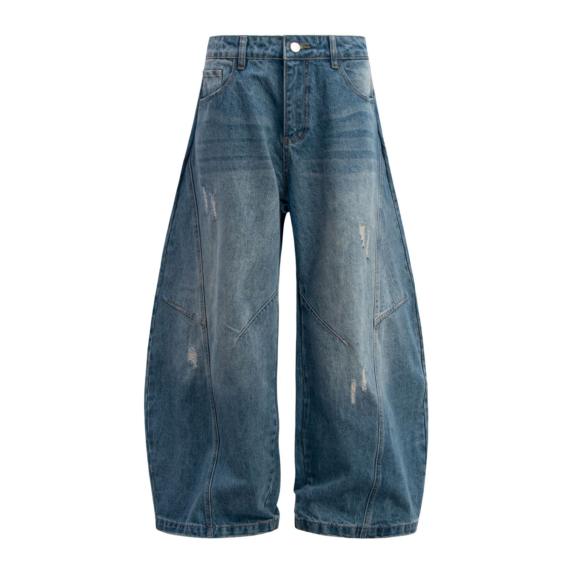 Washed Panel Design Wide Leg Denim Jeans