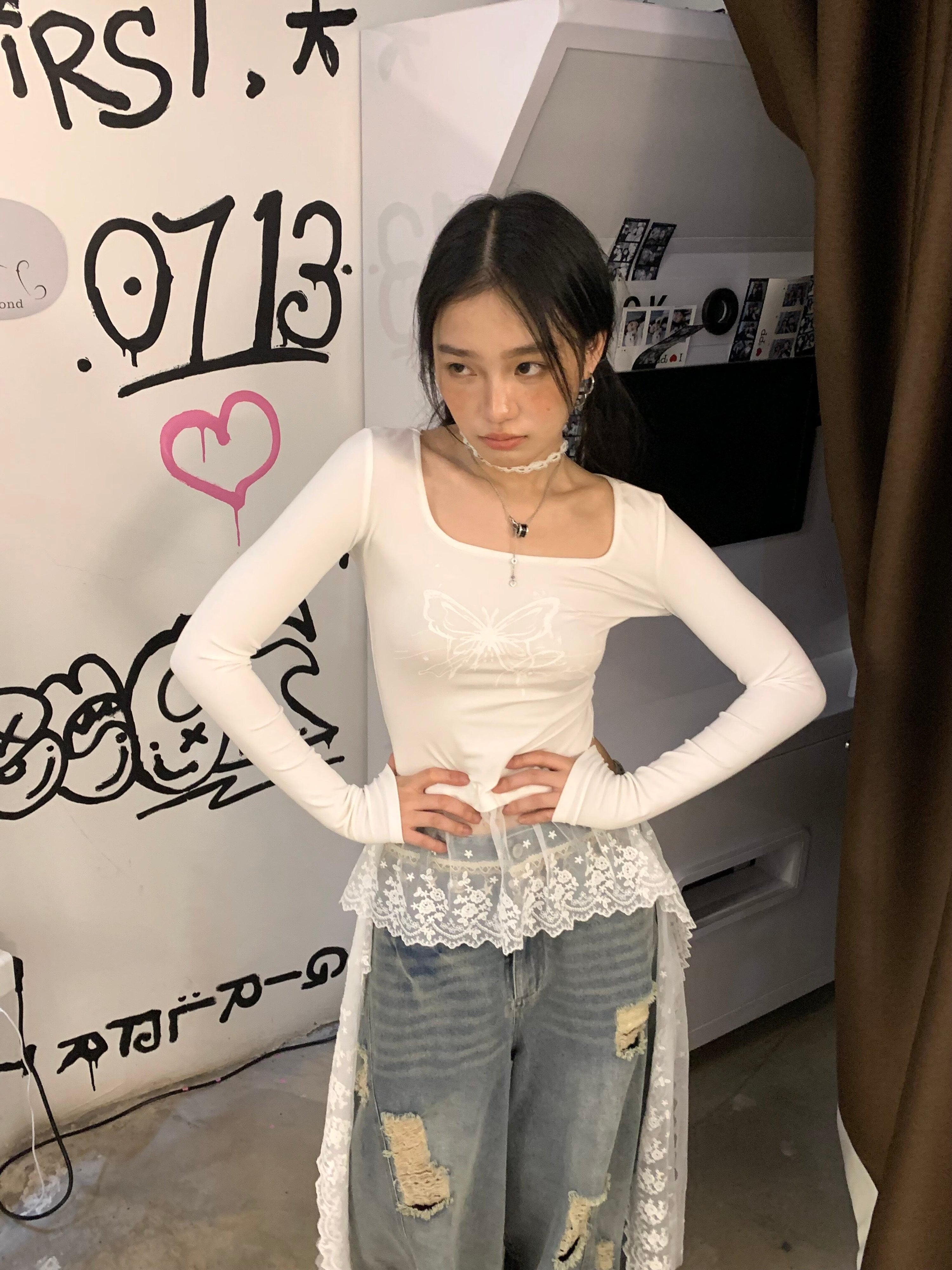 Washed Damage Wide Leg Shell Decoration Denim Jeans
