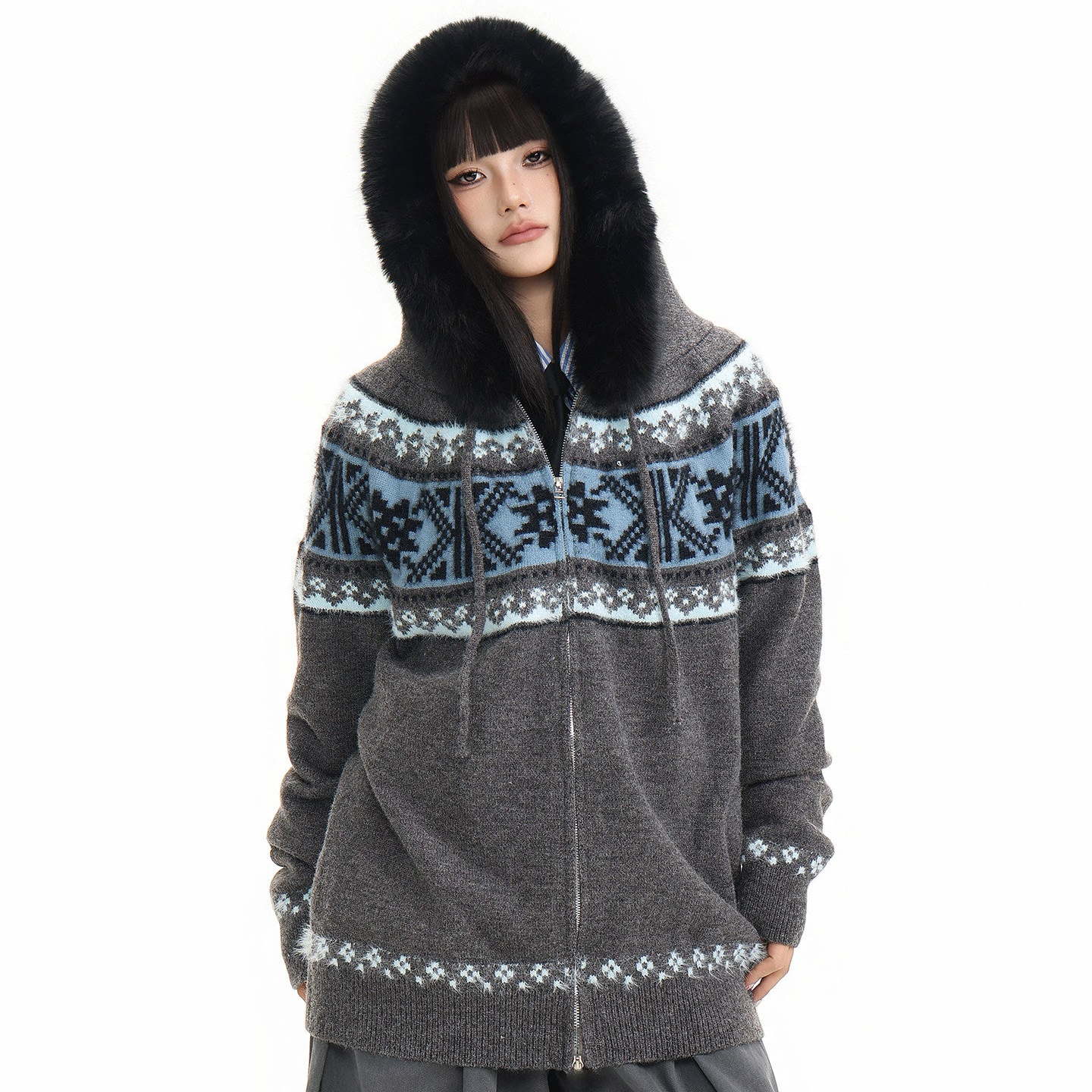 Fur Collar Fair Isle Hooded Knit Cardigan