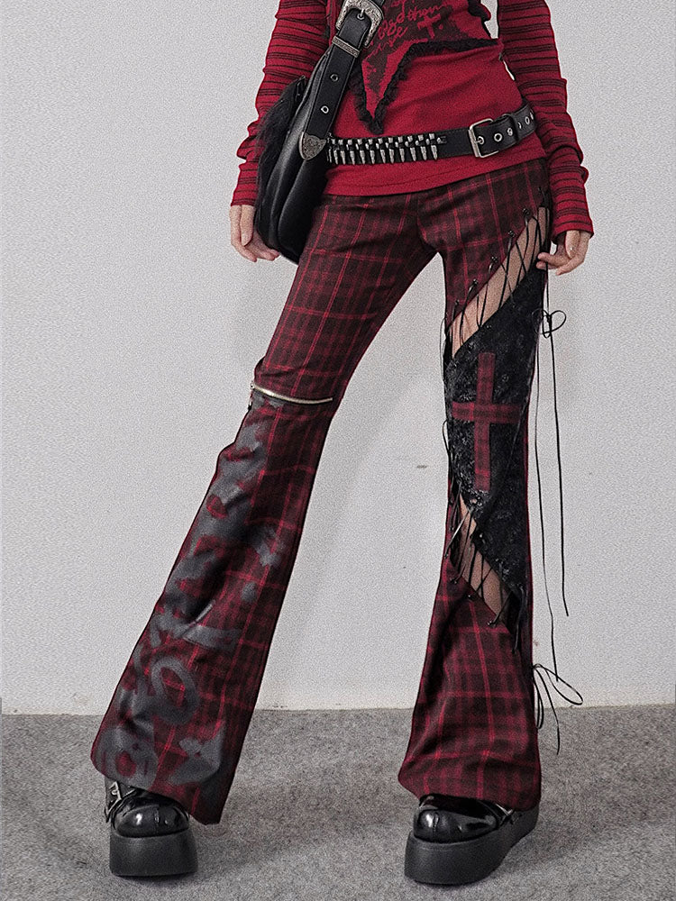 Tie-Strap Hollow-Out Plaid Patchwork PU Leather Pants