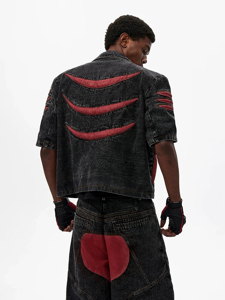 Graphic Patchwork Washed Short Sleeve Denim Jacket & Washed Denim Short Setup