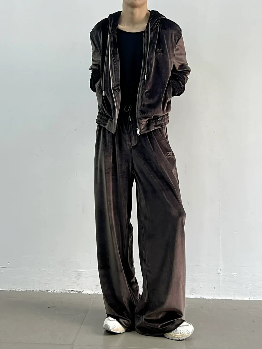 Corduroy Zipper Hoodie & Wide-leg Corduroy Pants Setup
