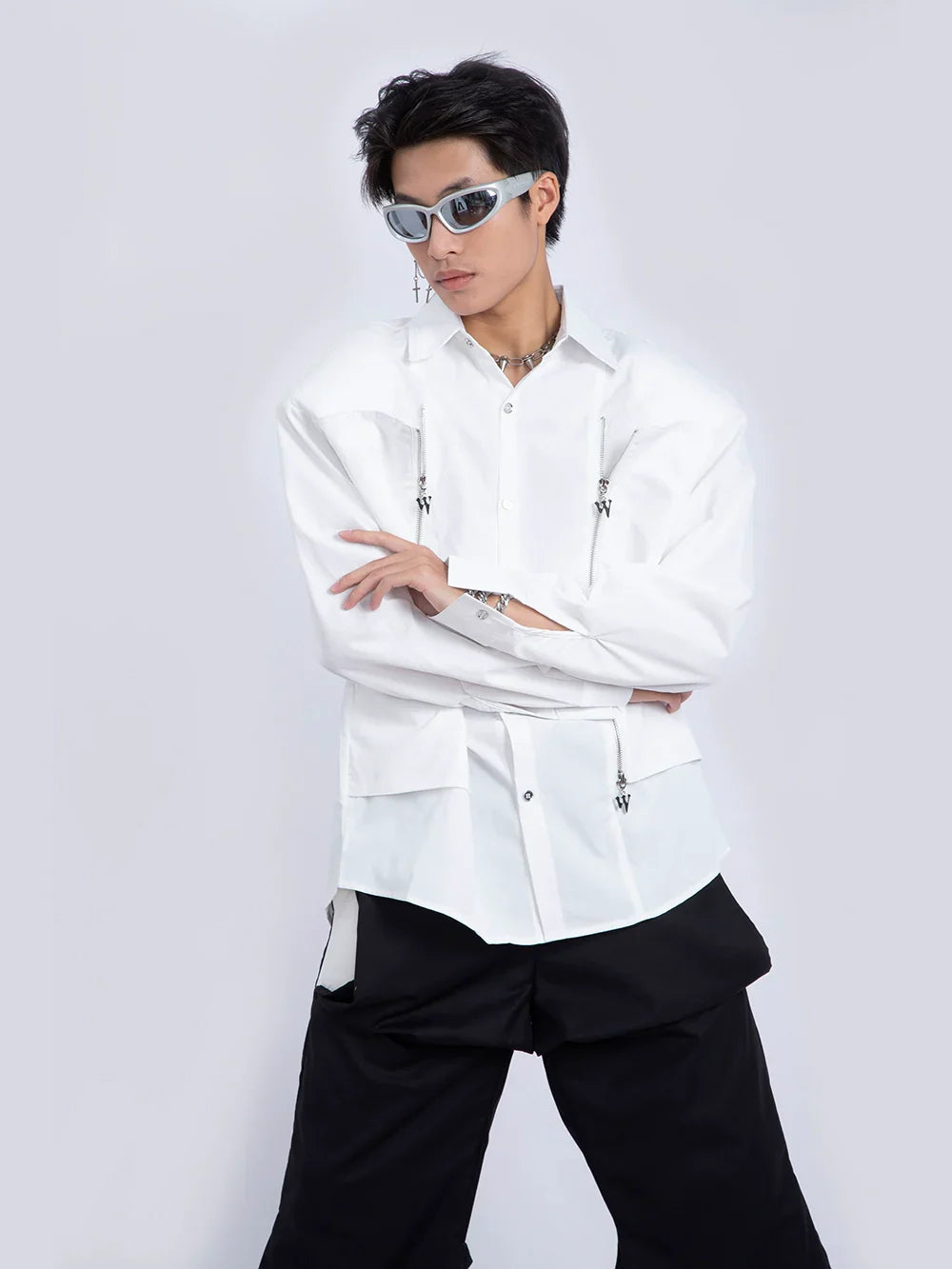 Double Zipper Shoulder Pad Long Sleeve Shirt
