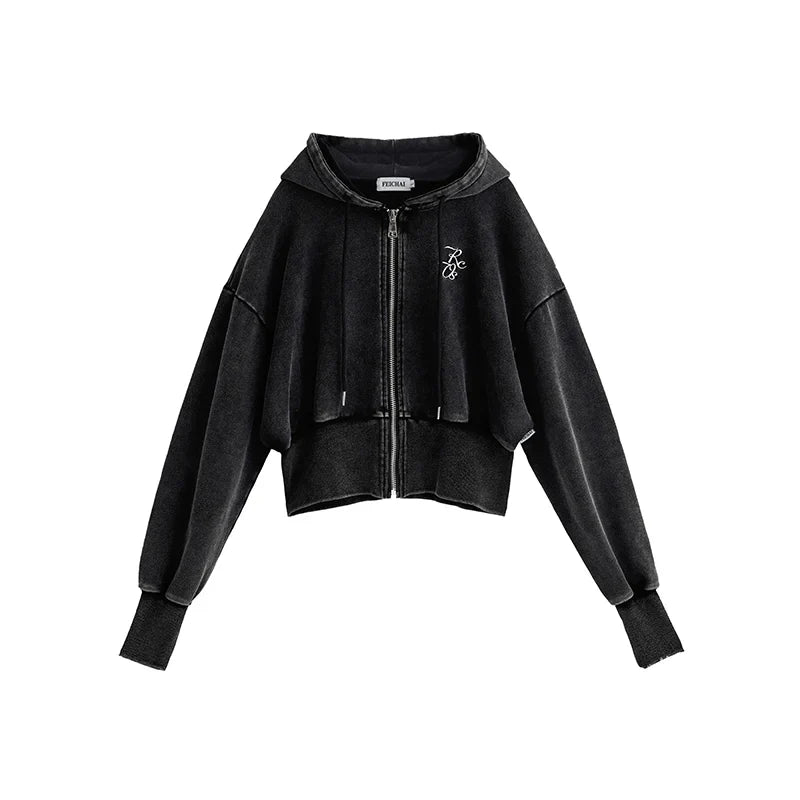 Logo Embroidery Zipper Short Hoodie