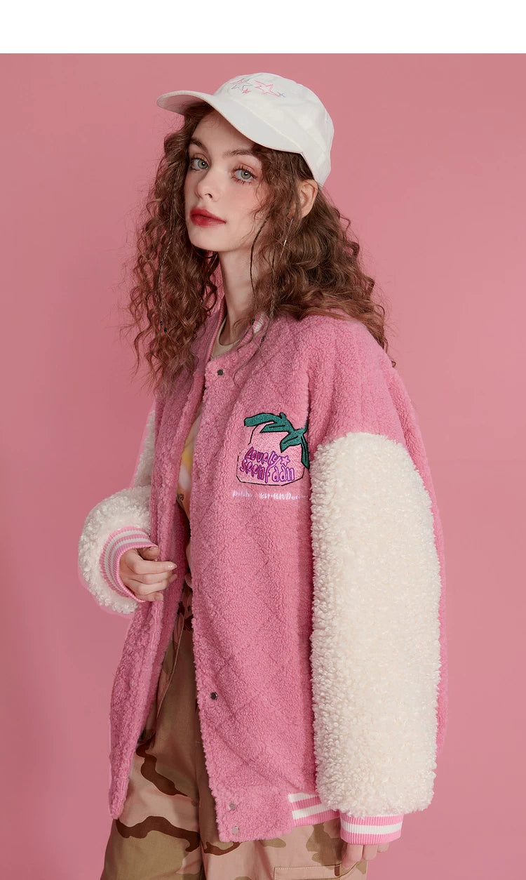 Colorblock Embroidery Fleece-Lined Baseball Jacket