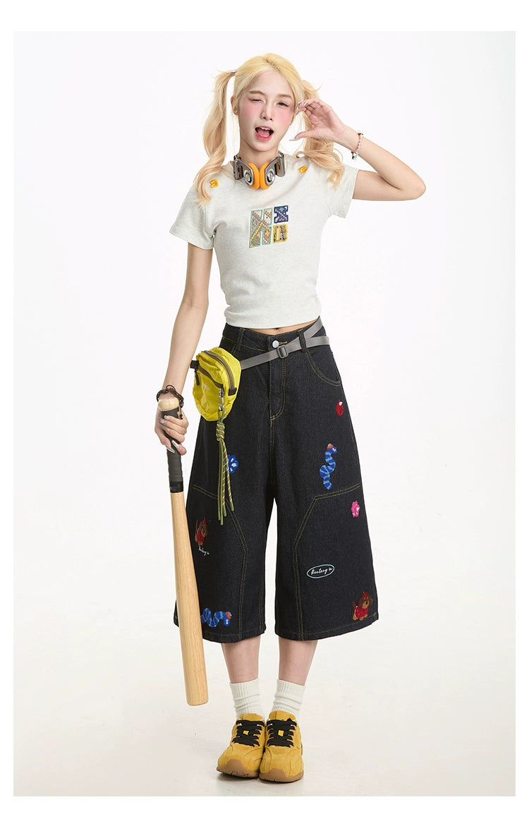 Fun Embroidered Denim Jort