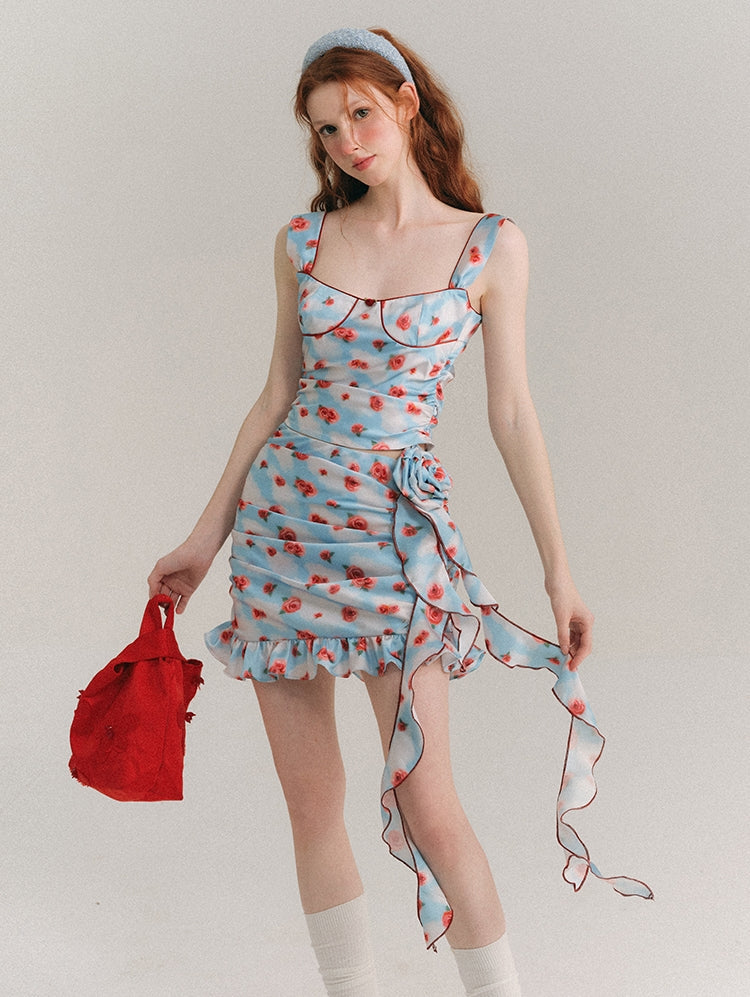 Hand Painted Rose Floral Camisole & Short Skirt Setup