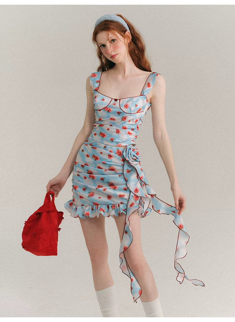 Hand Painted Rose Floral Camisole & Short Skirt Setup