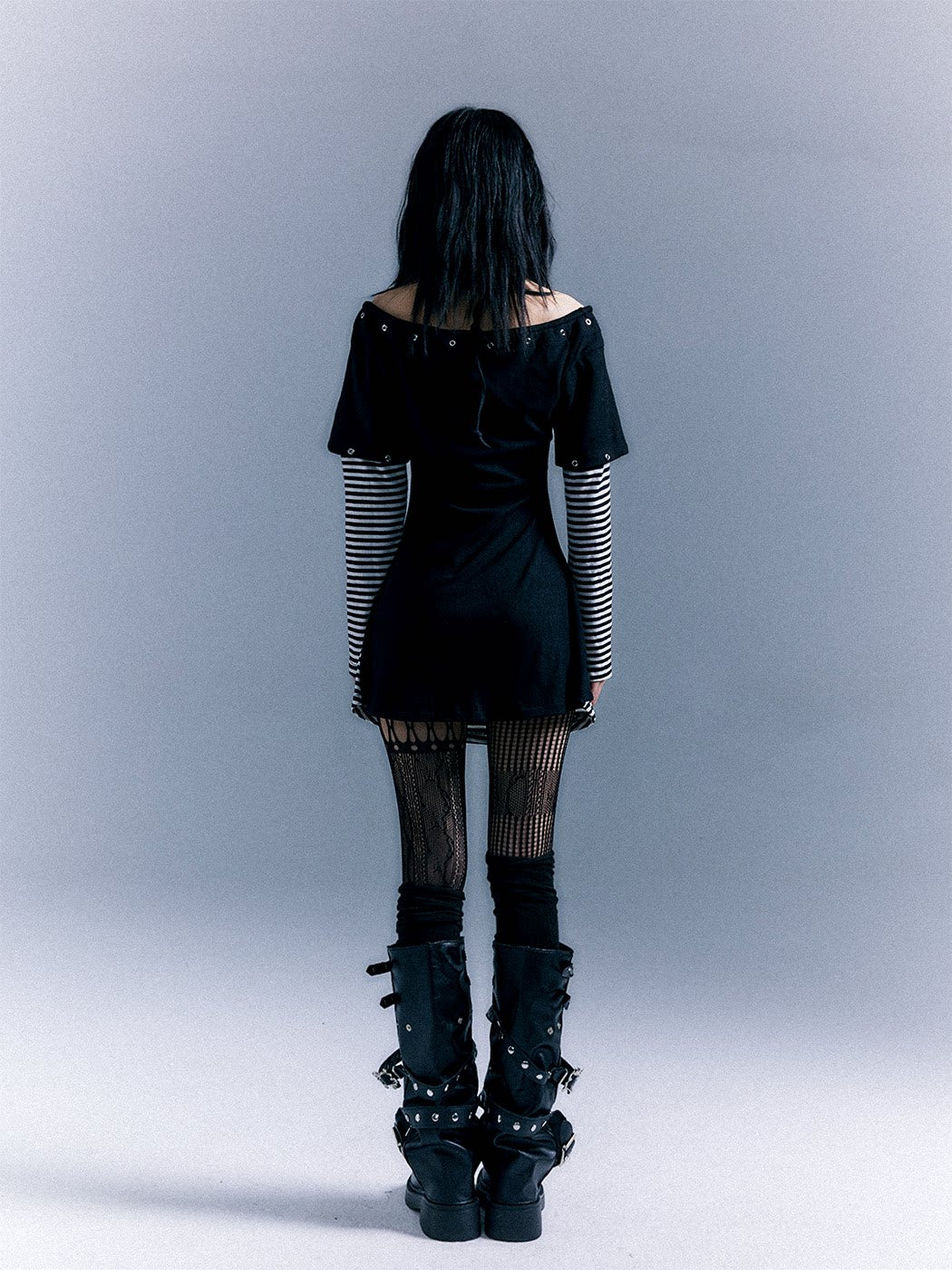 Light Punk Stripe Long Sleeve Graphic Waist-Cinching T-Shirt Dress