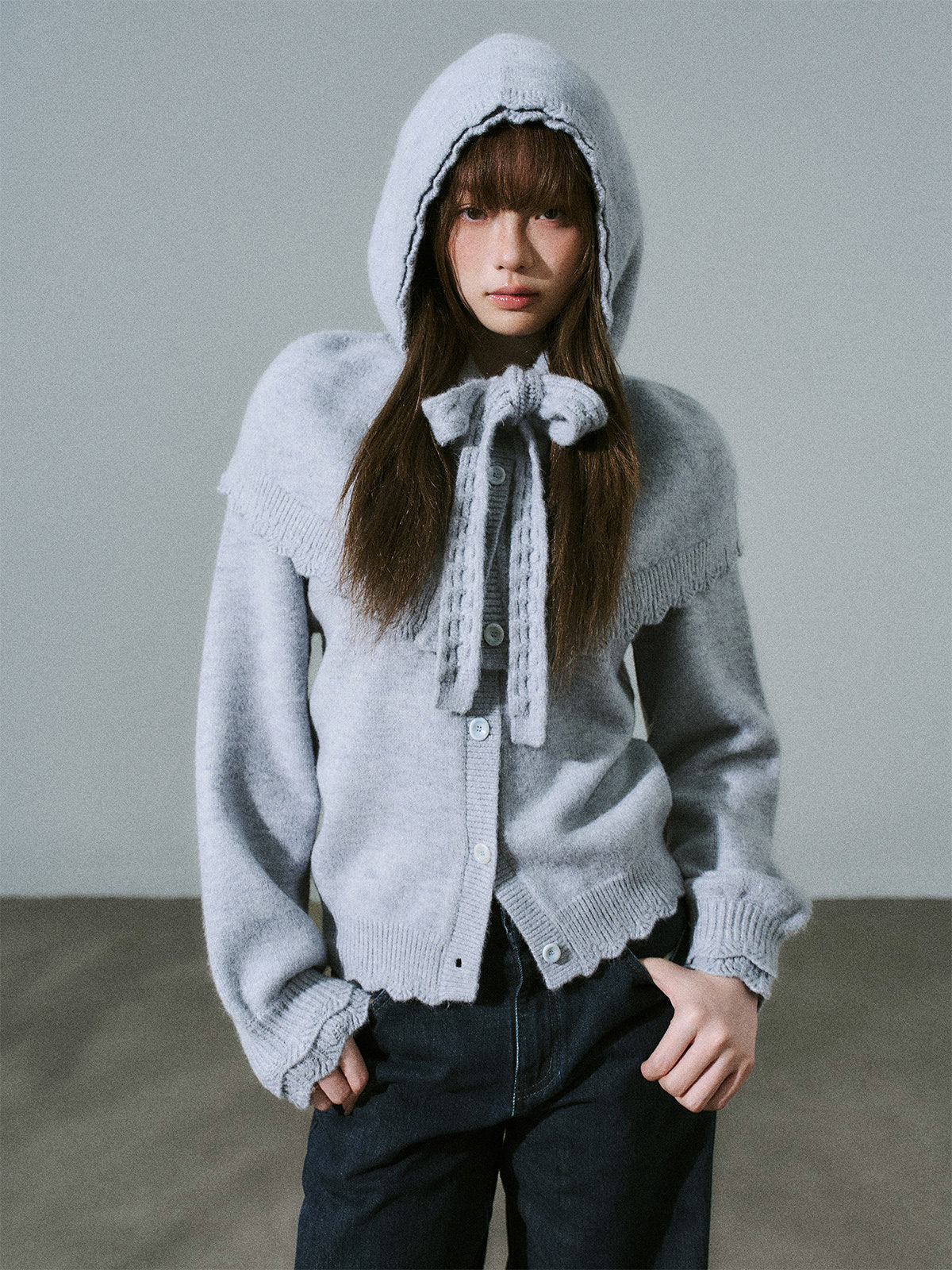 Ruffled Collar And Bow Detail Knit Cardigan