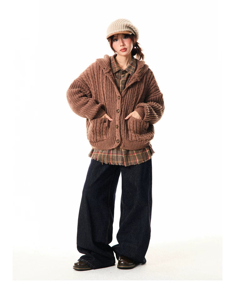 Hooded Button Oversize Cable Knit Cardigan