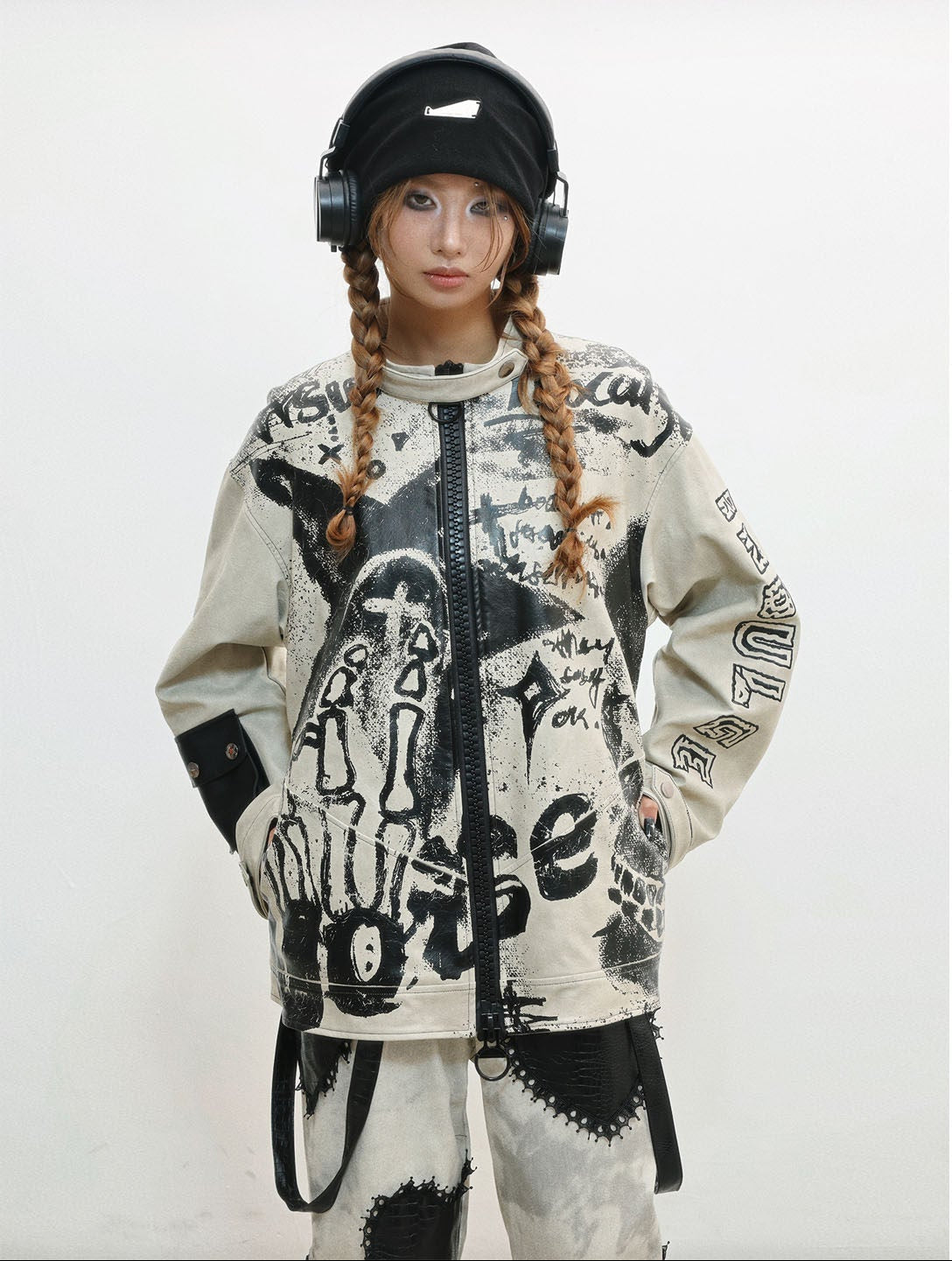 Damage Print Thick PU Leather Jacket