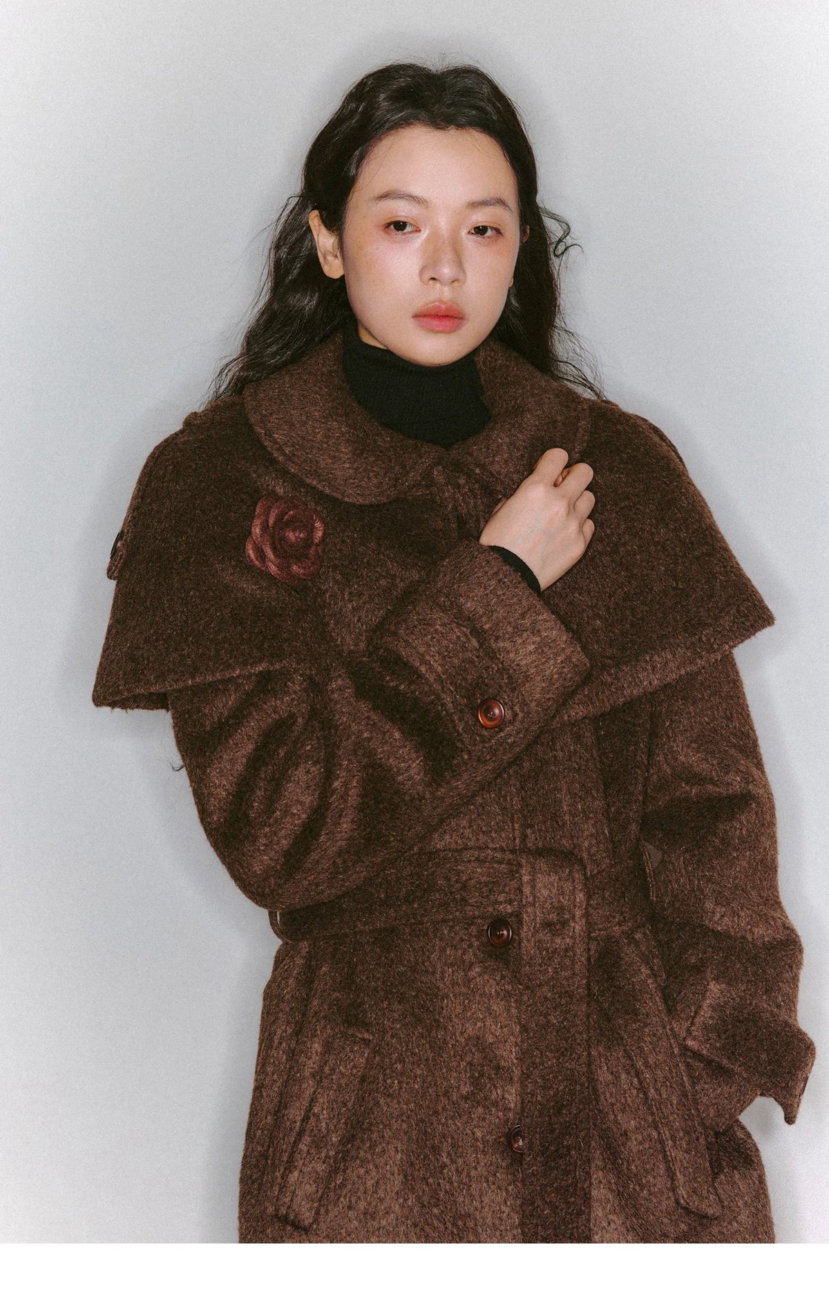 Cape Collar & Flower Detail Belted Coat