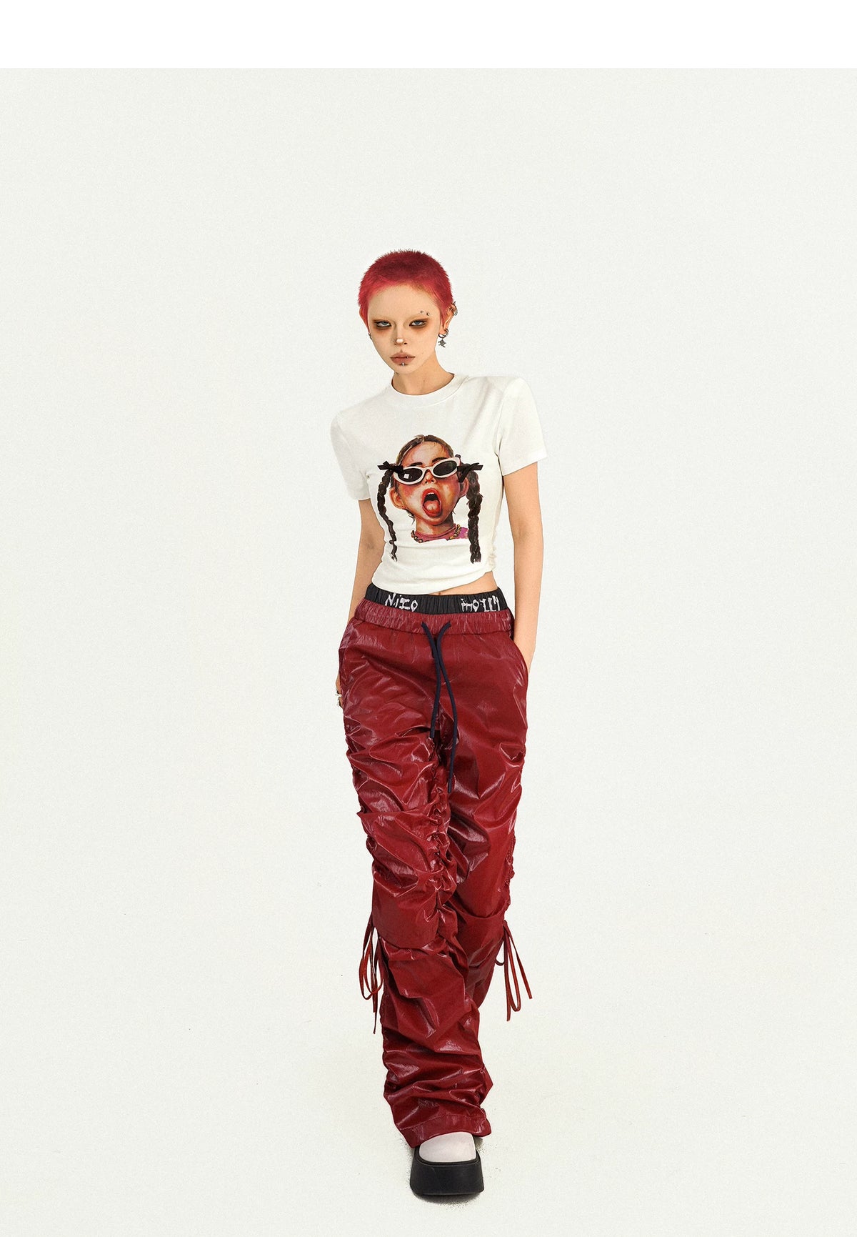 Tie Cord Pleats Double Waist Pants