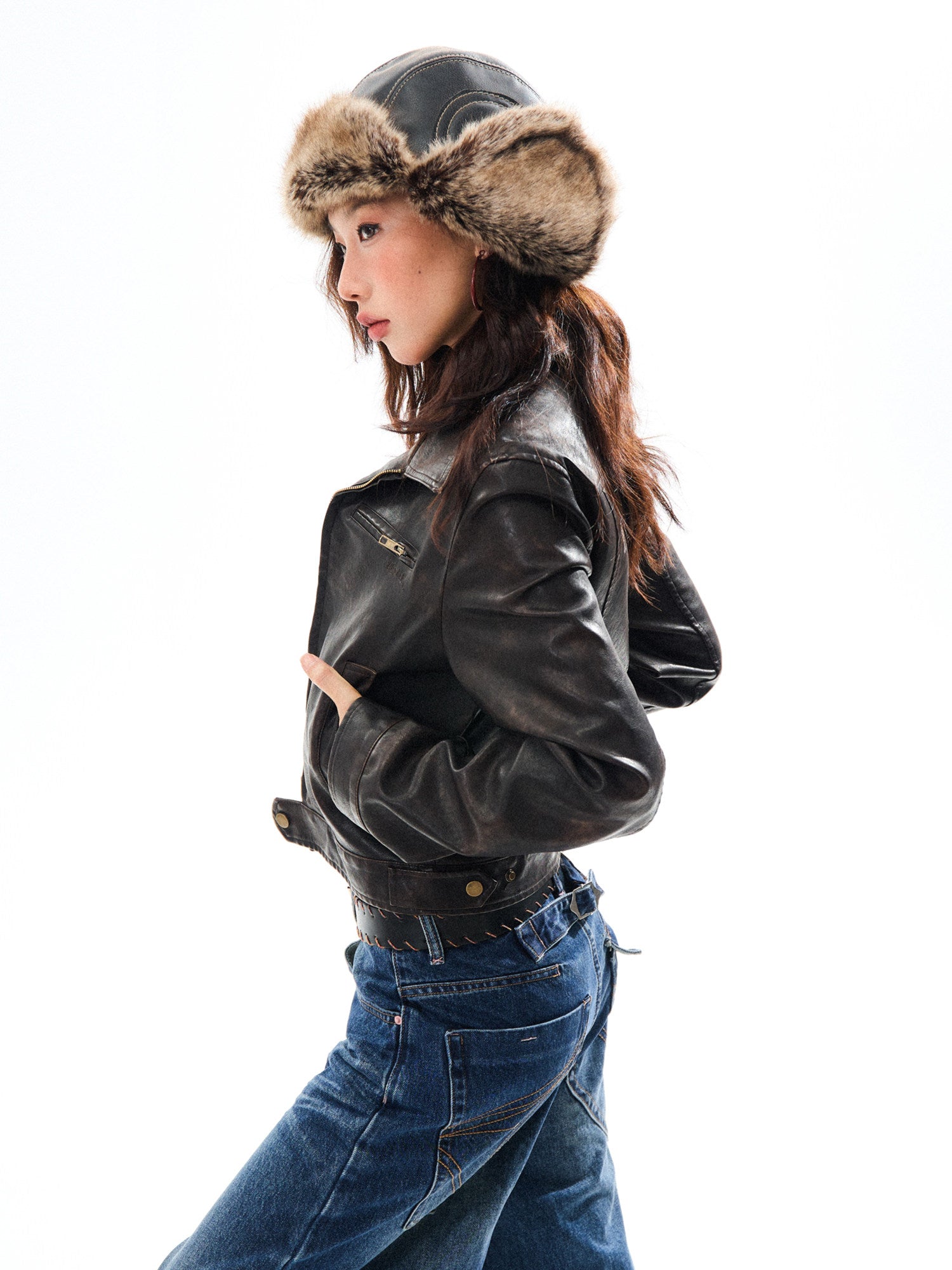 PU Leather Washed Zipper Short Length Jacket