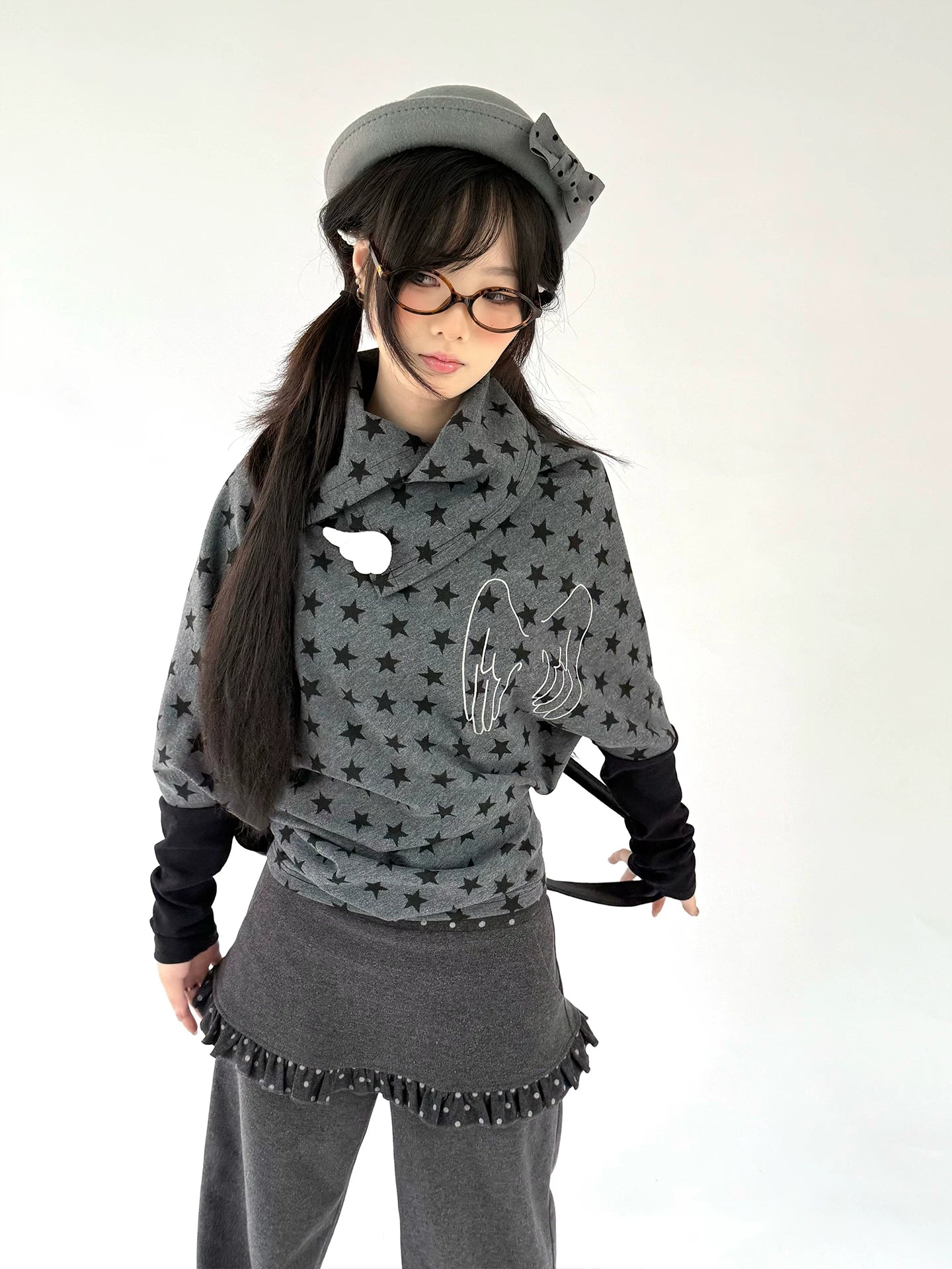Star Print Wing Detail Layered Long Sleeve T-Shirt