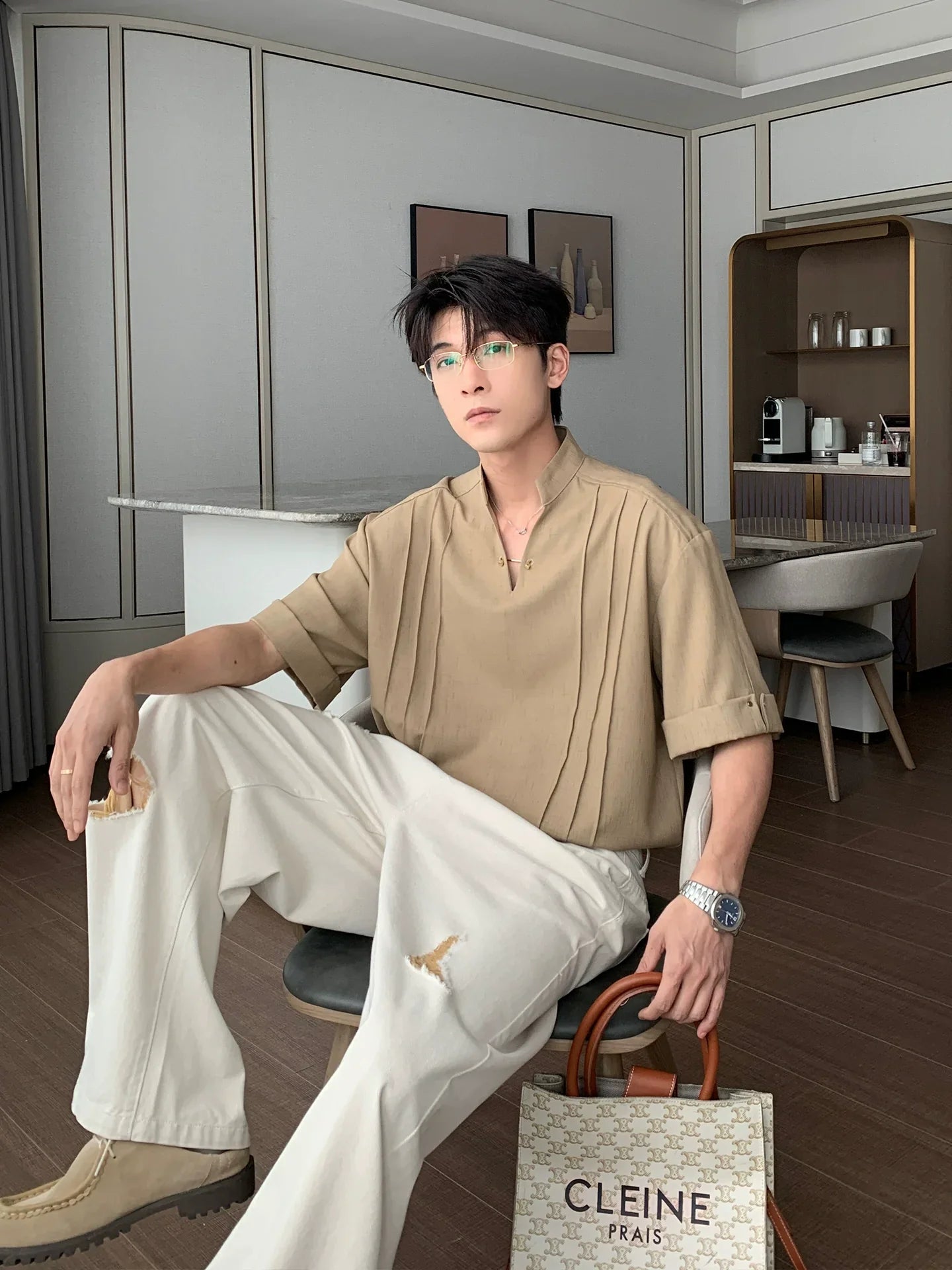 Standing Collar V-Neck Oversize Short Sleeve Polo Shirt