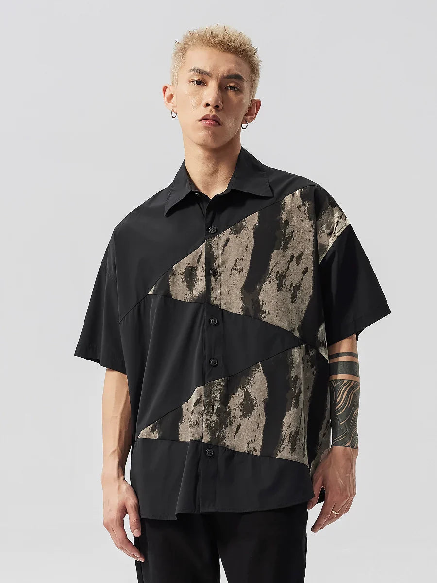 Deconstruction Tie-Dye Patchwork Oversize Short Sleeve Shirt