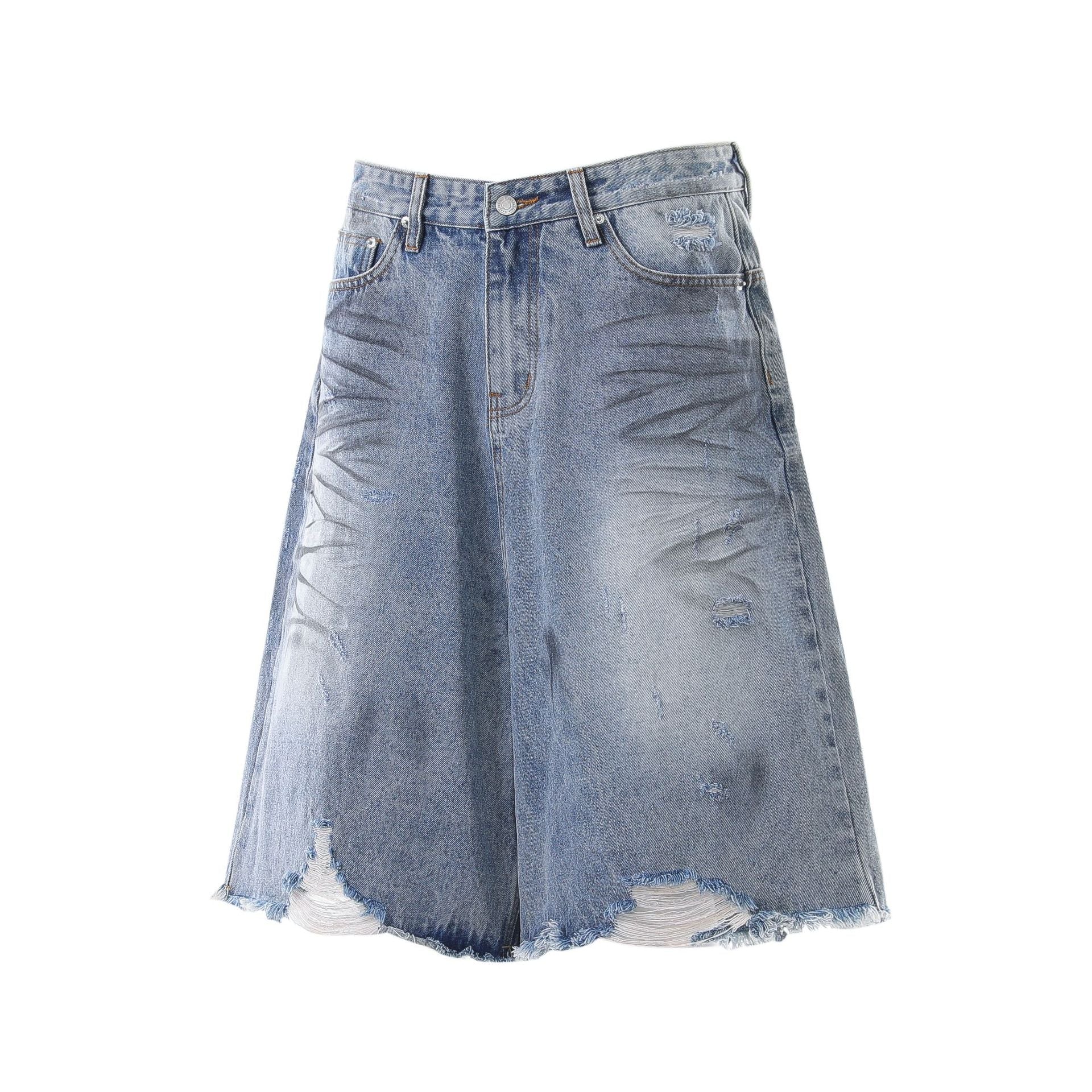 Whisker Washed Wide Leg Denim Jort