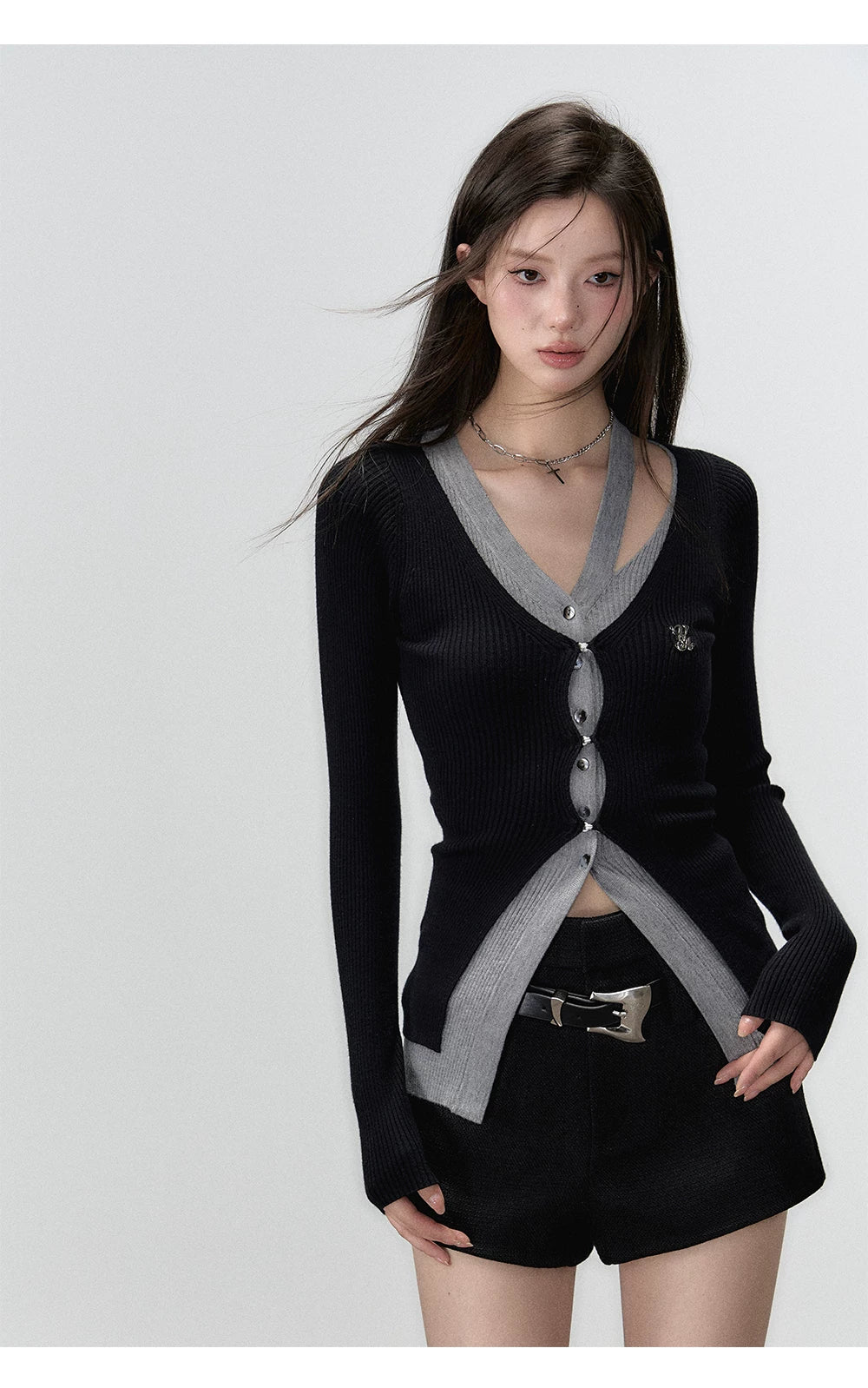 Fake Layered Long Sleeve Knit Cardigan