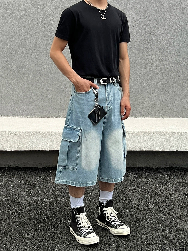 Washed Light Blue Multi-Pocket Wide Leg Denim Short