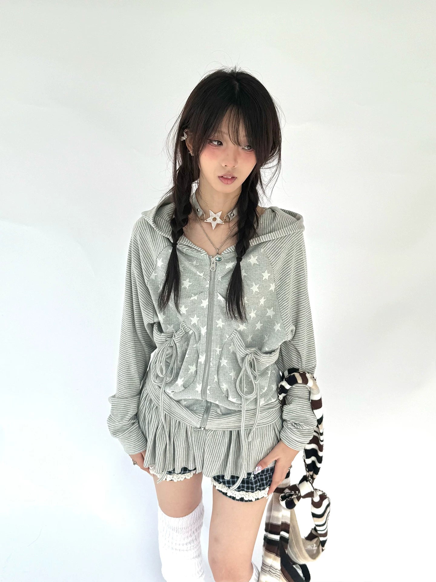 Striped Patchwork Hooded Drawstring Ruffle Jacket & Skirt Setup