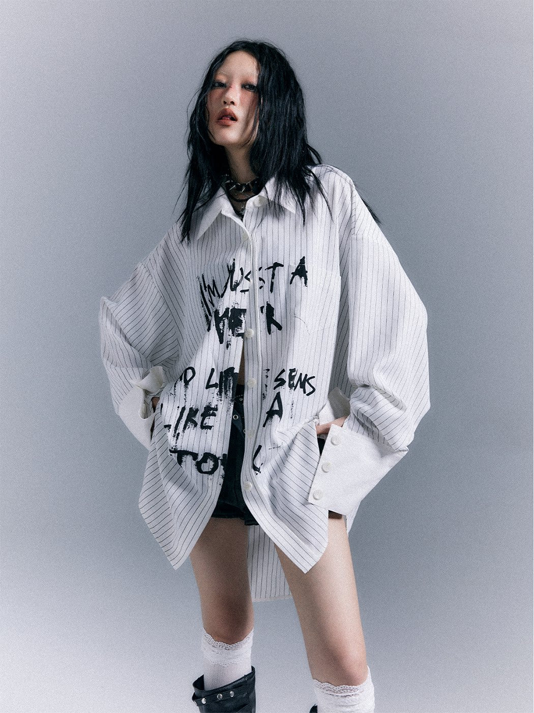 Graffiti Print Stripe Oversize Long Sleeve Shirt