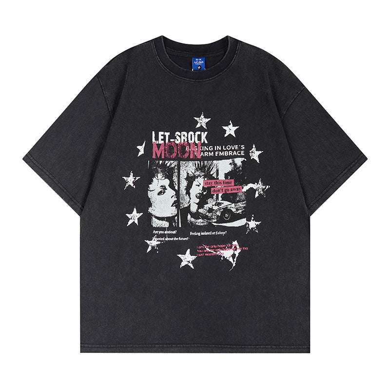 Washed Portrait Letter Print Short Sleeve T-Shirt