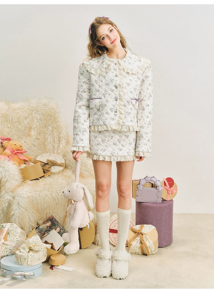 Lace Quilted Cotton Jacket & Short Skirt Setup