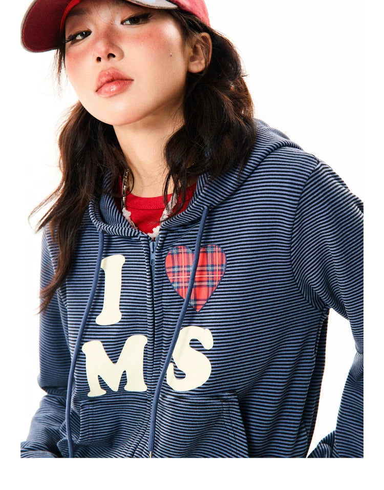 Heart Letter Print Stripe Cropped Zipper Hoodie
