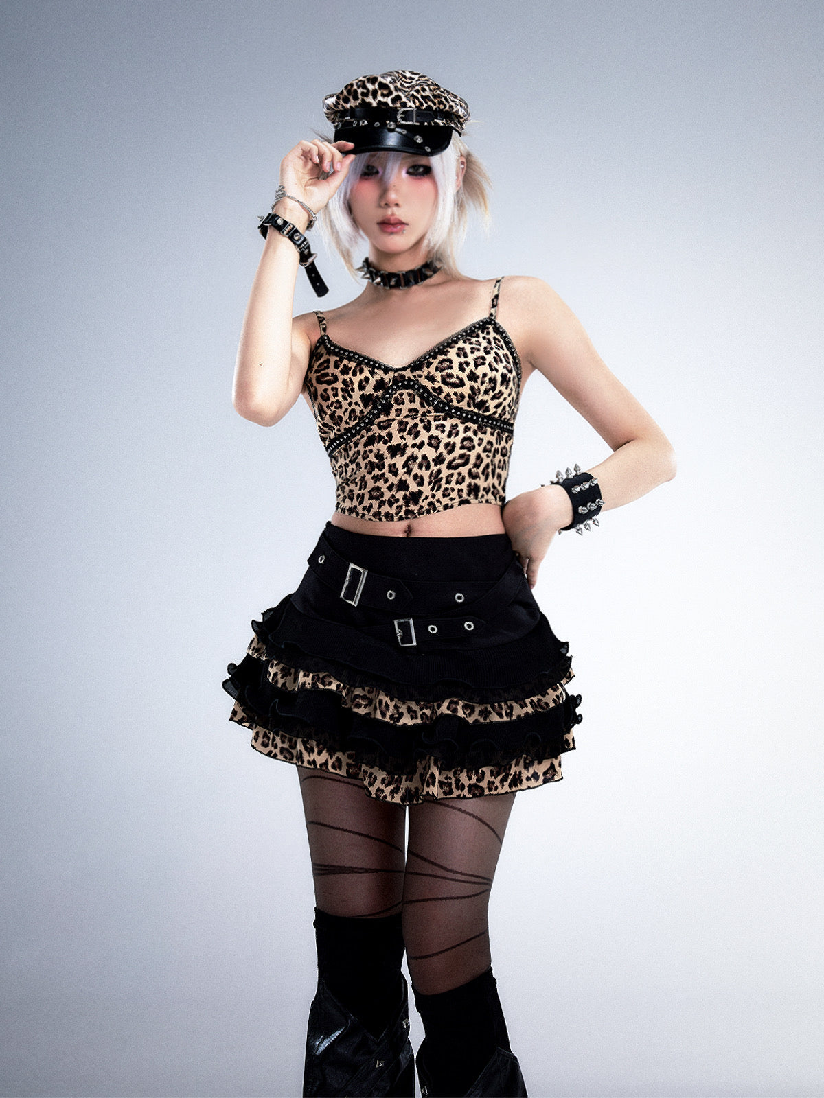 Leopard Patchwork Belted Tiered A-Line Skirt