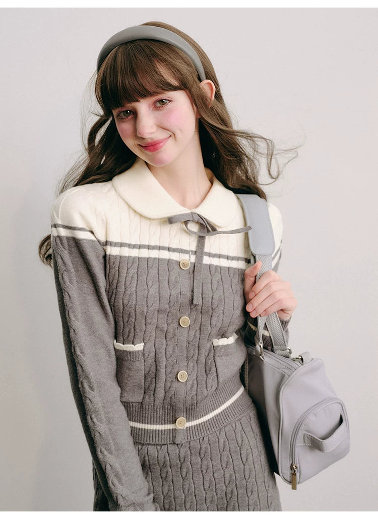 Bow Round Collar Knit Cardigan & Knit Short Skirt Setup