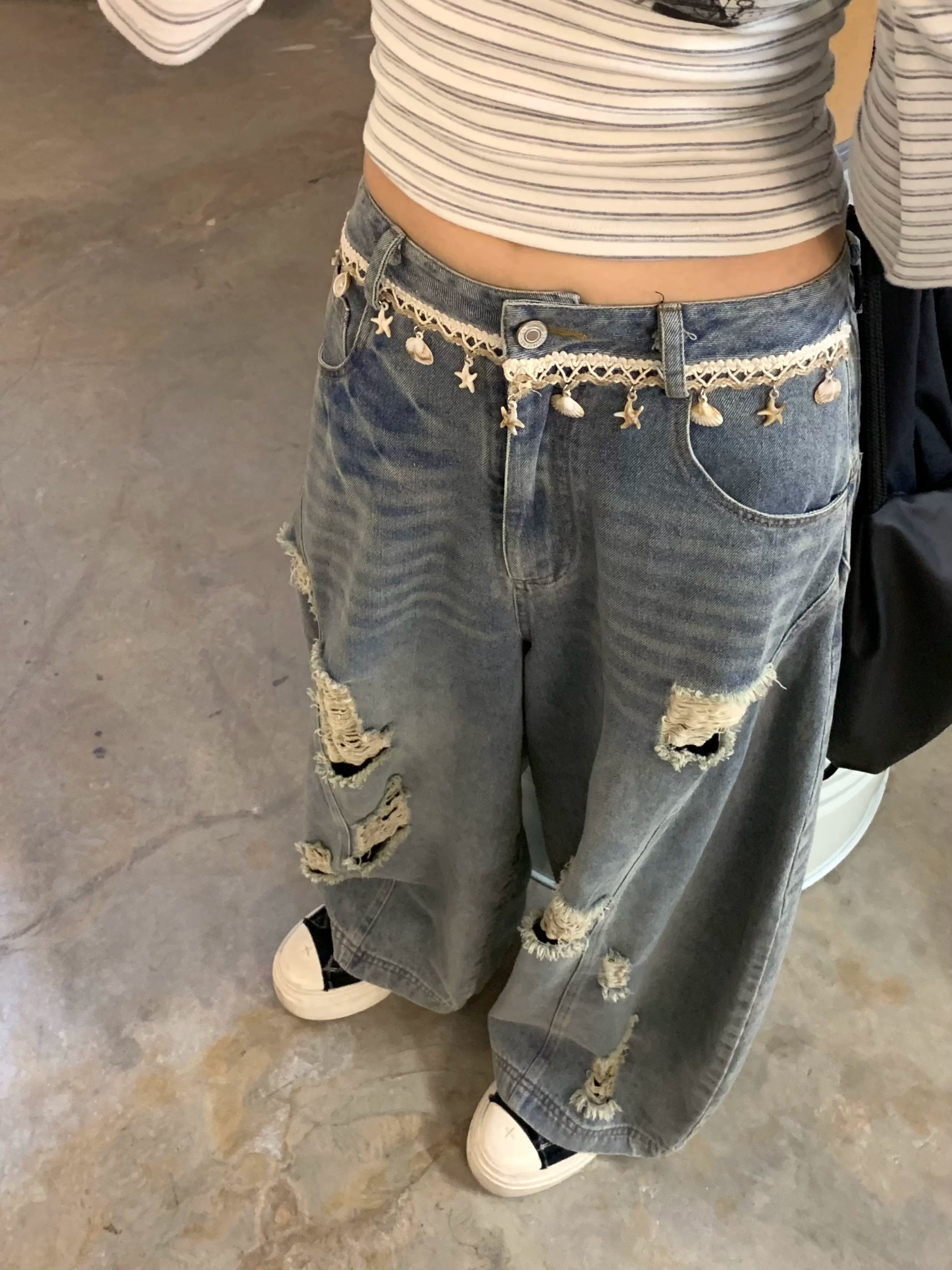 Washed Damage Wide Leg Shell Decoration Denim Jeans