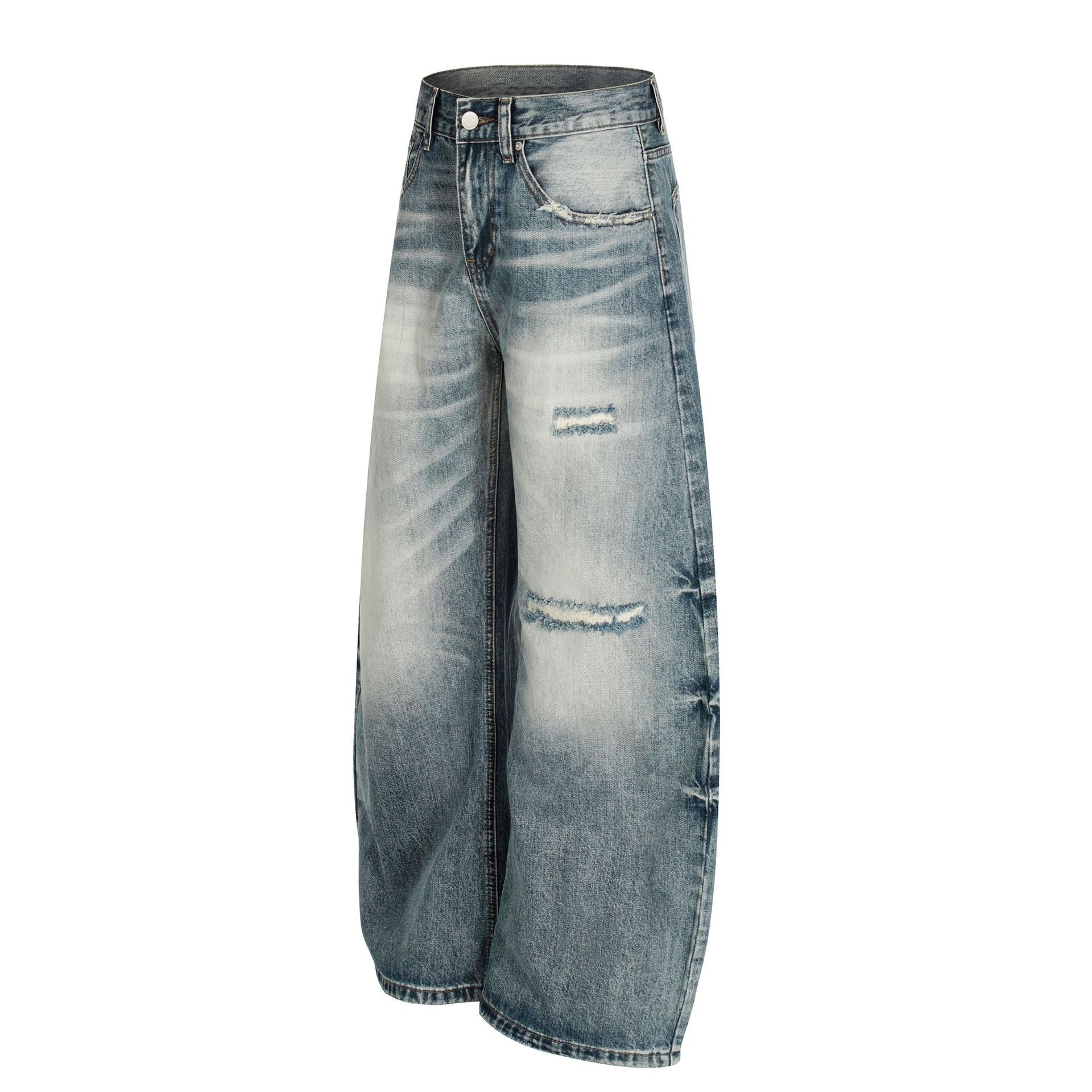 Washed Whisker Damage Curved Denim Jeans