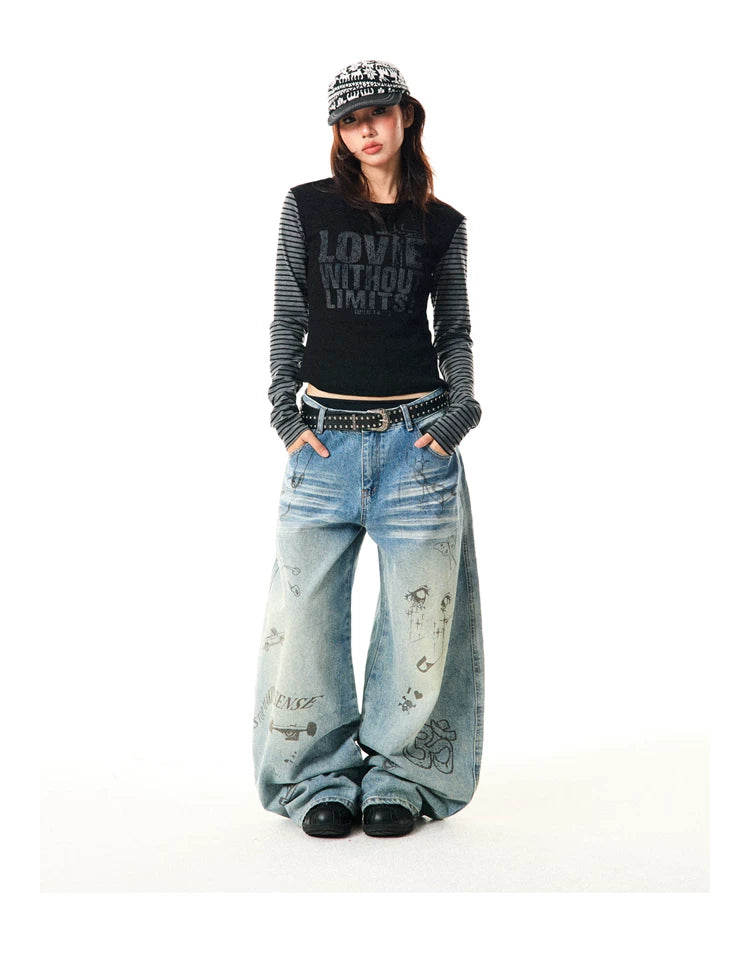 Washed Graffiti Print Wide Leg Denim Jeans