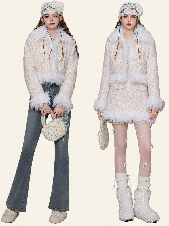 Textured Fake Fur Short Skirt & Jacket Setup