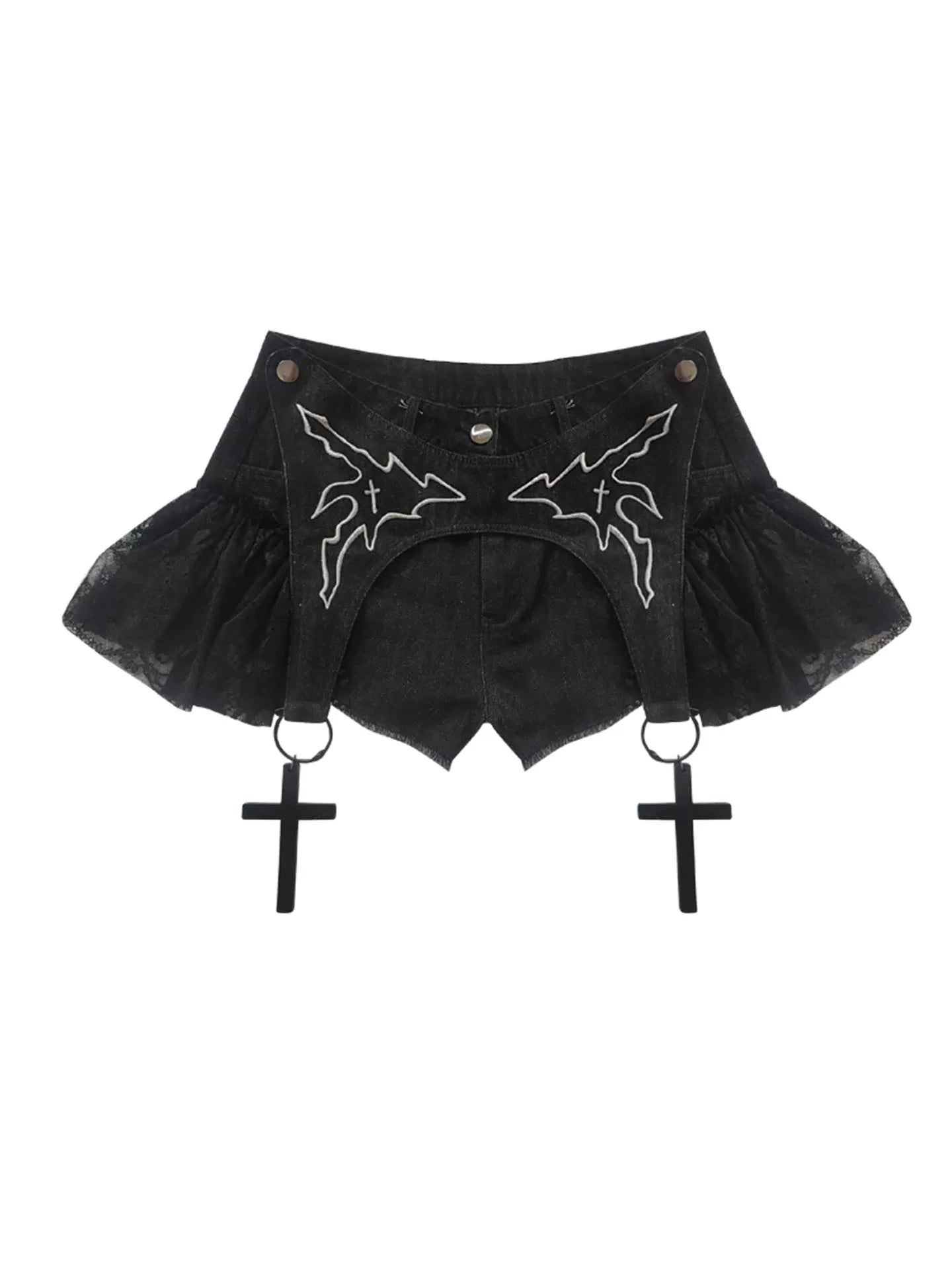 Original Lace Patchwork Washed Embroidery Denim Short Pants