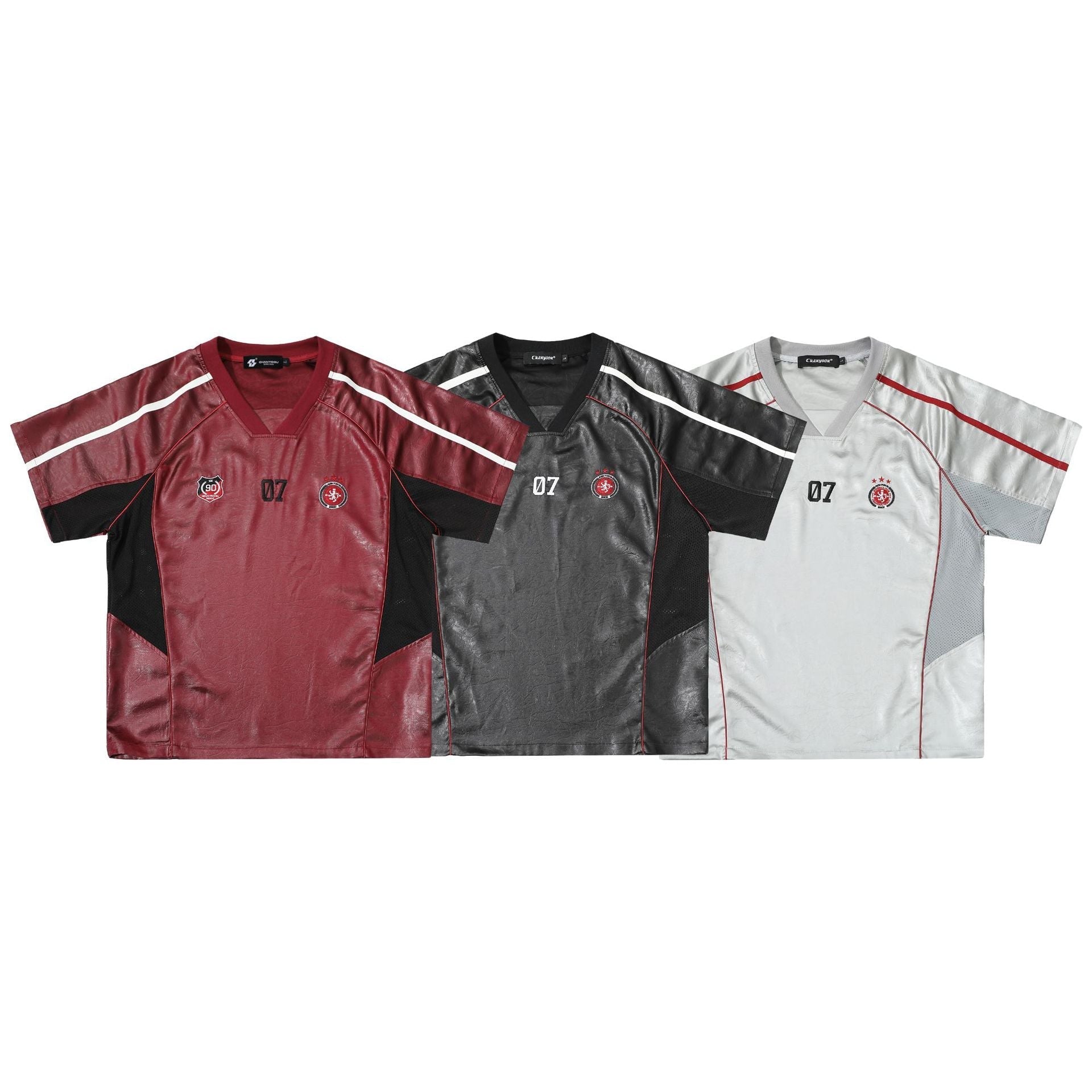 Chest Emblem PU Leather Stitching V-Neck Oversize Short Sleeve T-Shirt