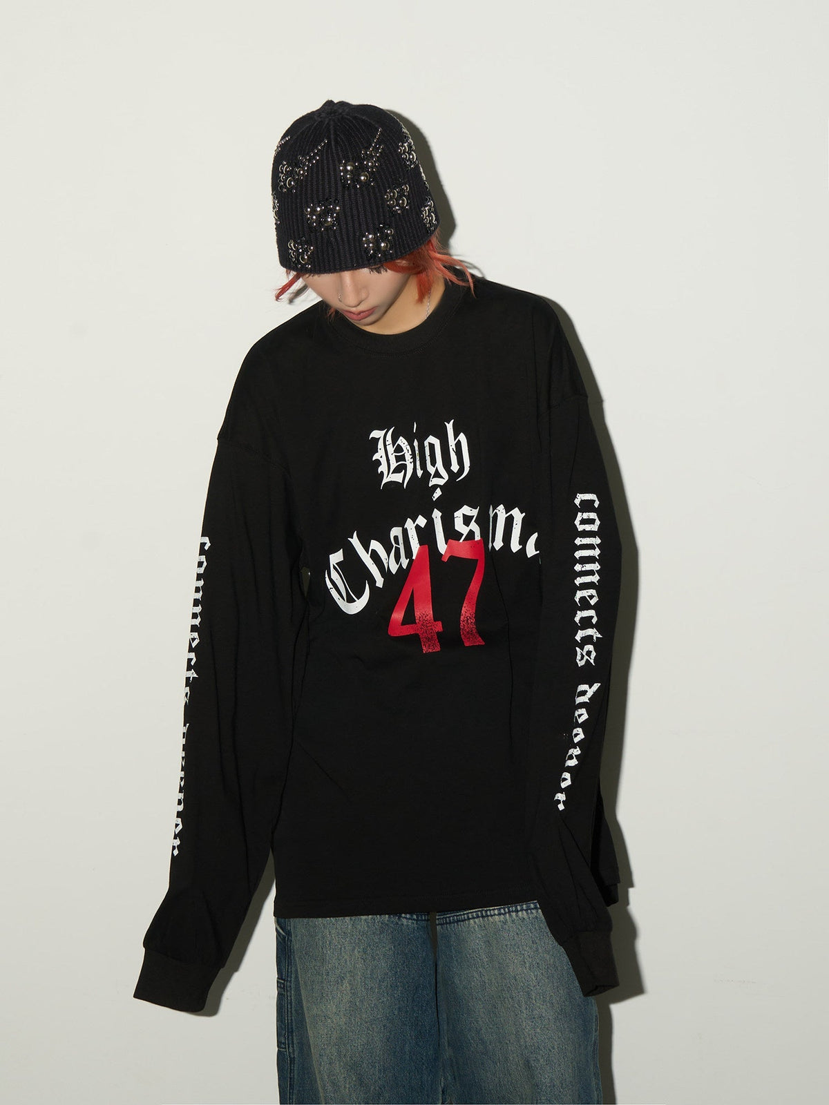 Gothic Print Damage Long Sleeve T-Shirt