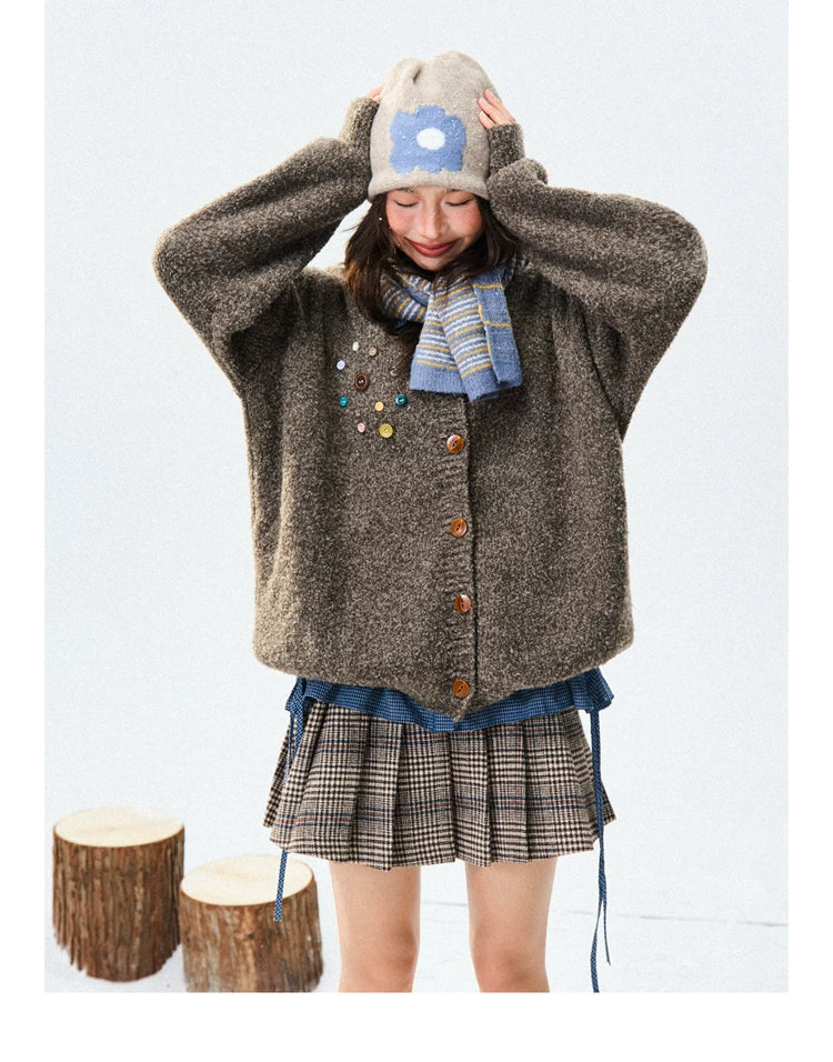 Crew Neck Button-Up Knit Cardigan
