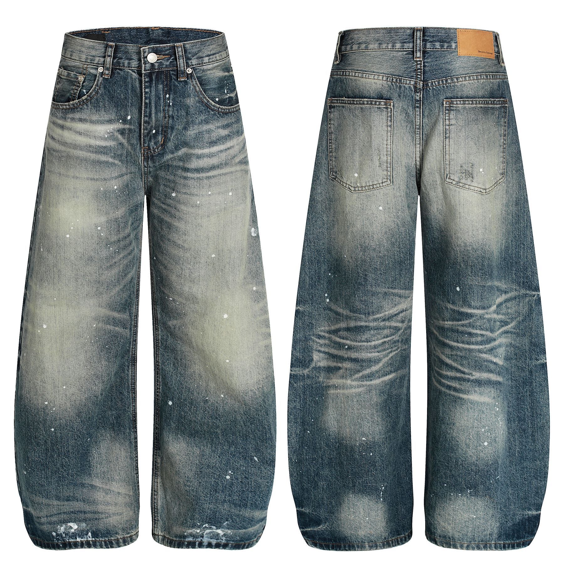 Washed Whisker Paint Splatter Curved Denim Jeans