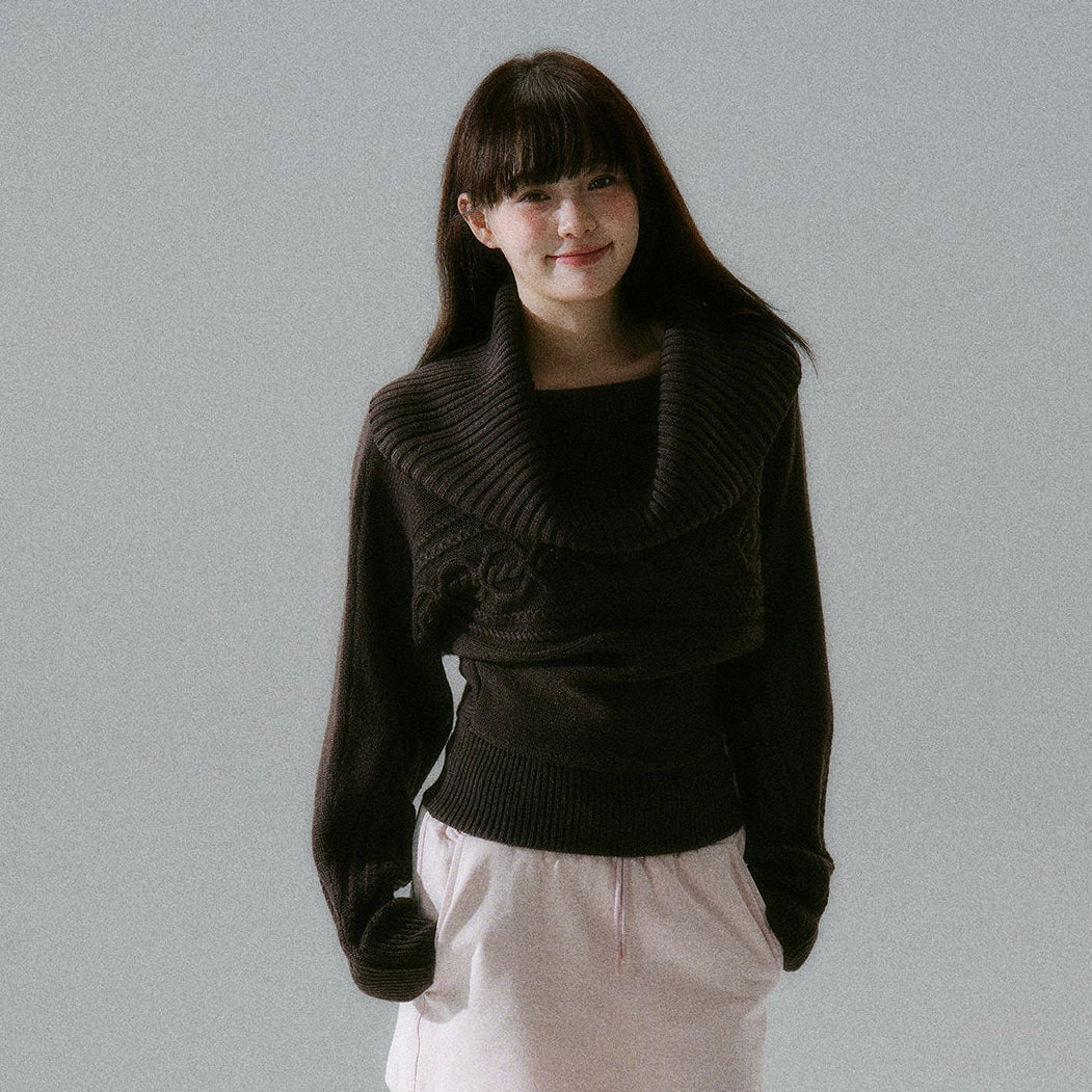 Ribbed Cowl Neck Cable Sleeve Knit Sweater