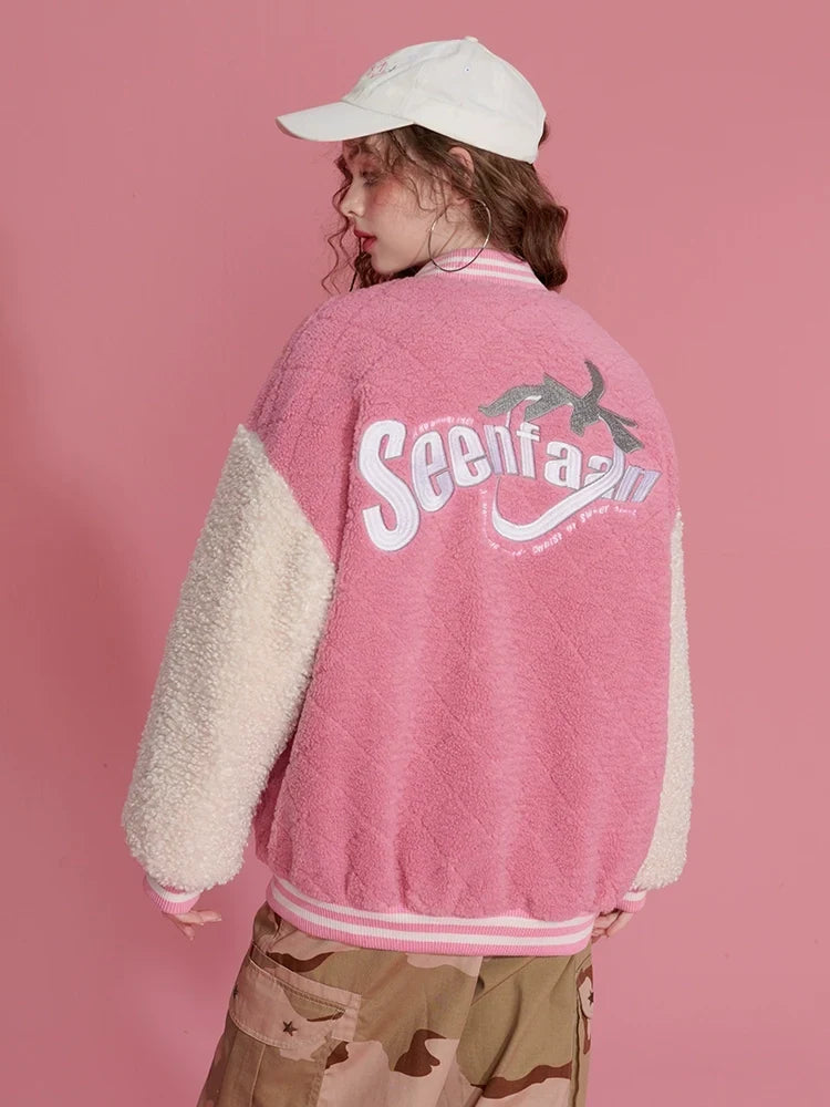 Colorblock Embroidery Fleece-Lined Baseball Jacket