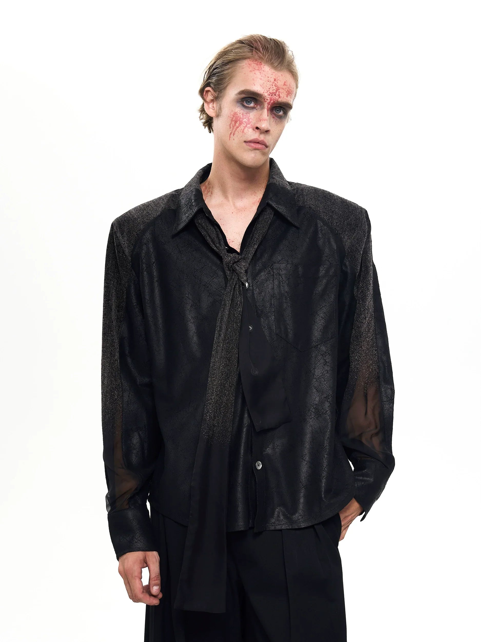 With Black Tie, Mesh Shoulder-Pad Long Sleeve Shirt