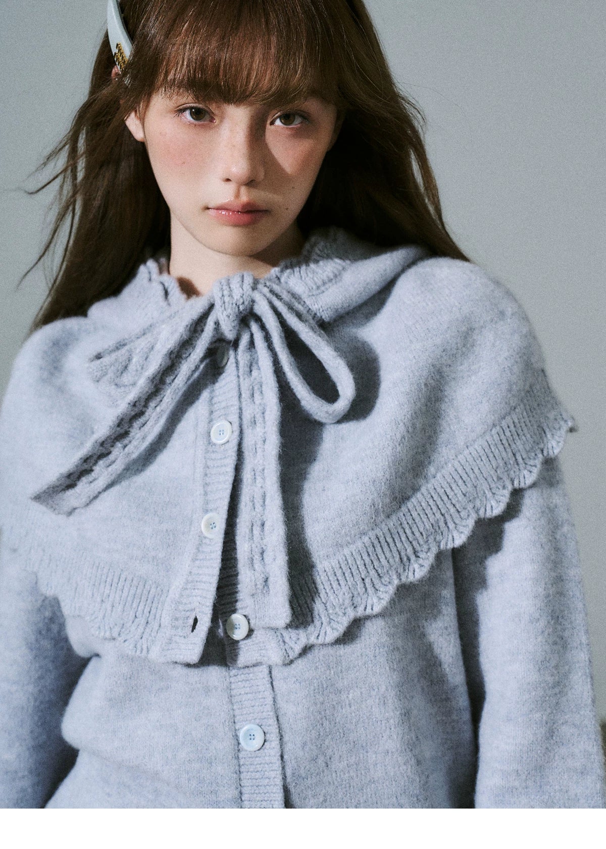 Ruffled Collar And Bow Detail Knit Cardigan