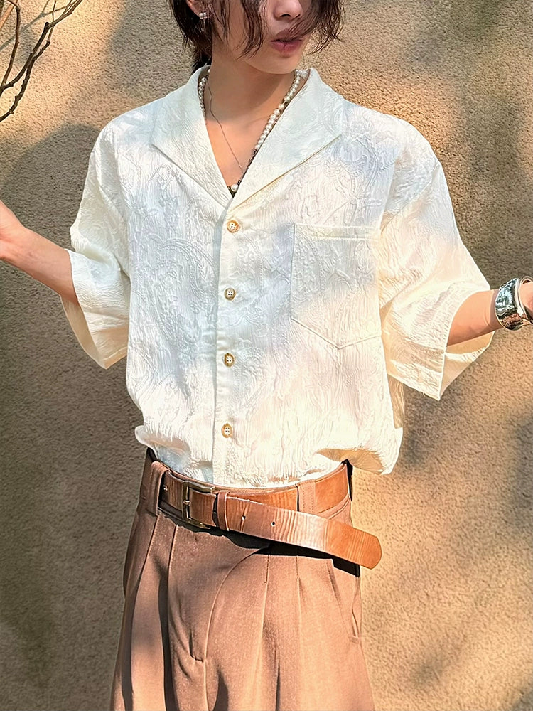 Jacquard Texture Cuban Collar Short Sleeve Shirt