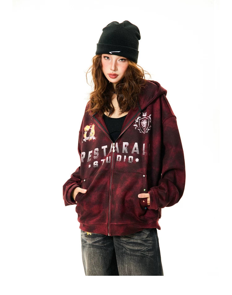 Tie-Dye Letter Print Oversize Zipper Hoodie