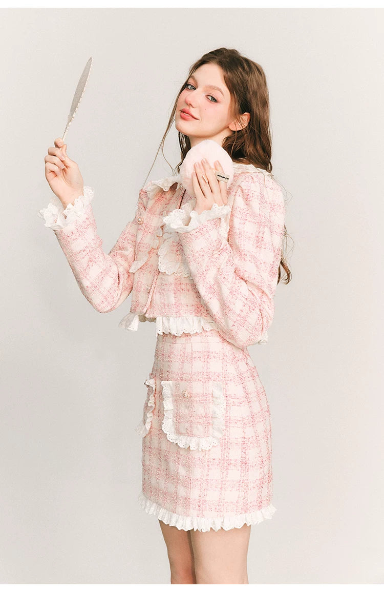 Lace Plaid Cropped Jacket & Short Lace Skirt Setup