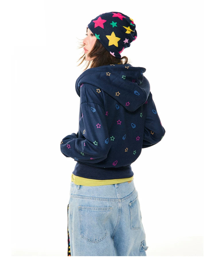 Star Print Fleece Zipper Hoodie