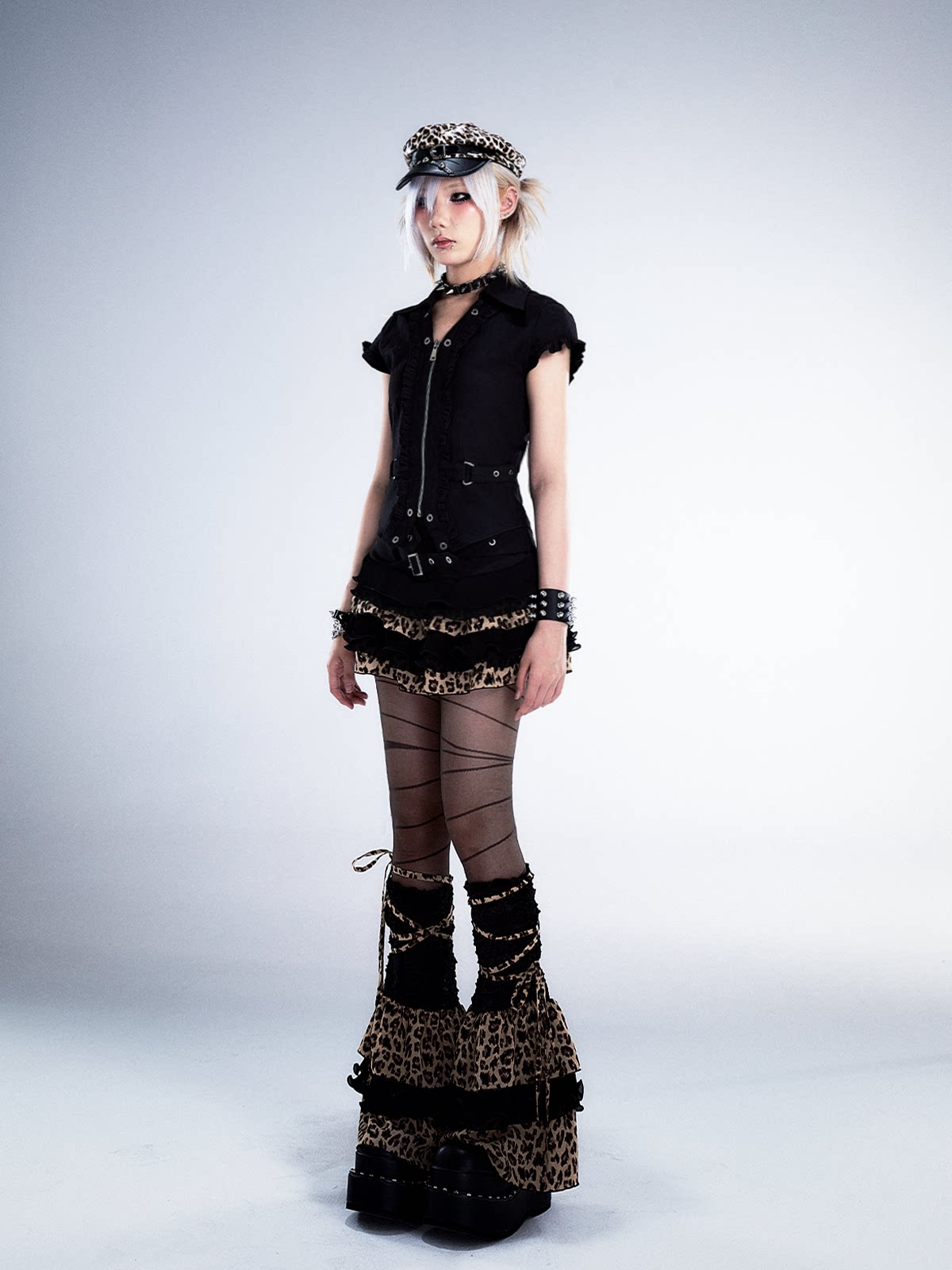 Leopard Patchwork Belted Tiered A-Line Skirt
